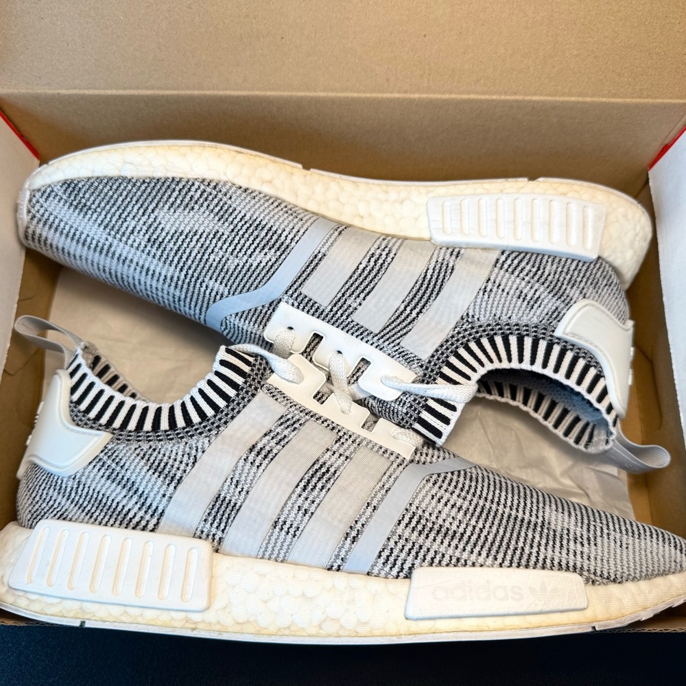 (Men’s 10.5) Adidas NMD R1 Gray Primeknit White/Black shoes